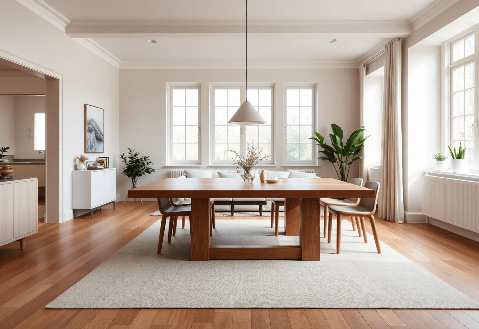 Handmade solid oak dining table in a bright Scandinavian interior